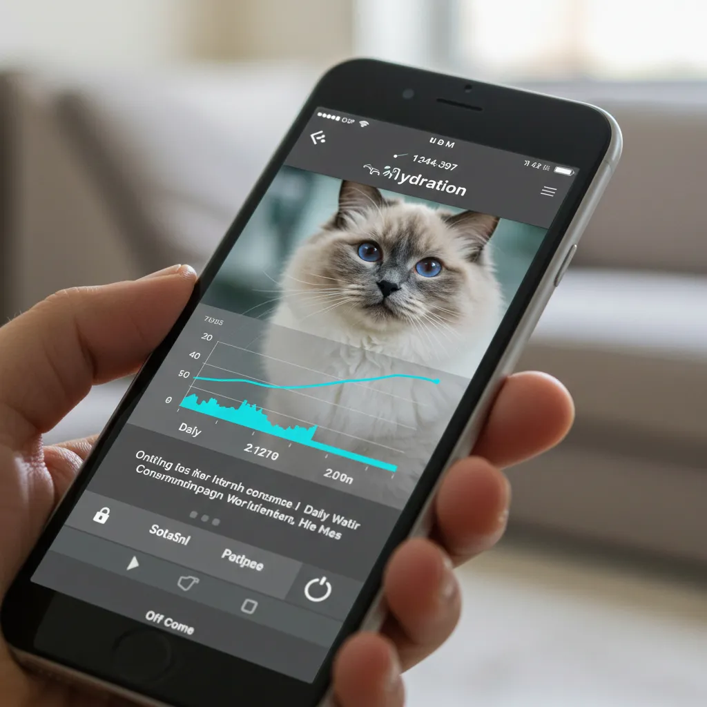 Cat hydration app displaying Ragdoll water intake trends on smartphone.