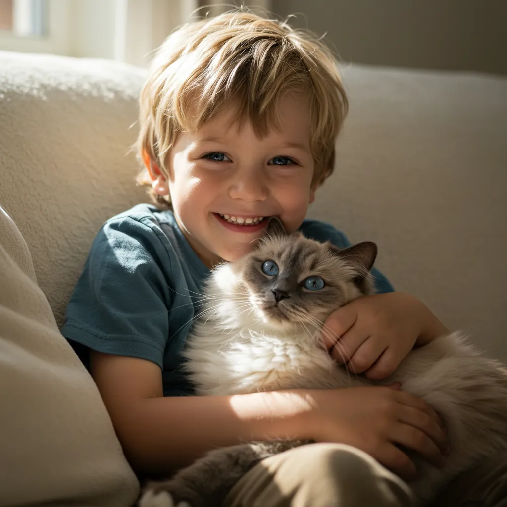 Ragdoll cat with blue eyes cuddling with a child, showcasing their gentle bond.