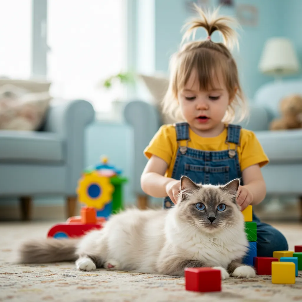 Ragdoll cat relaxed beside a toddler, demonstrating their gentle nature with kids.