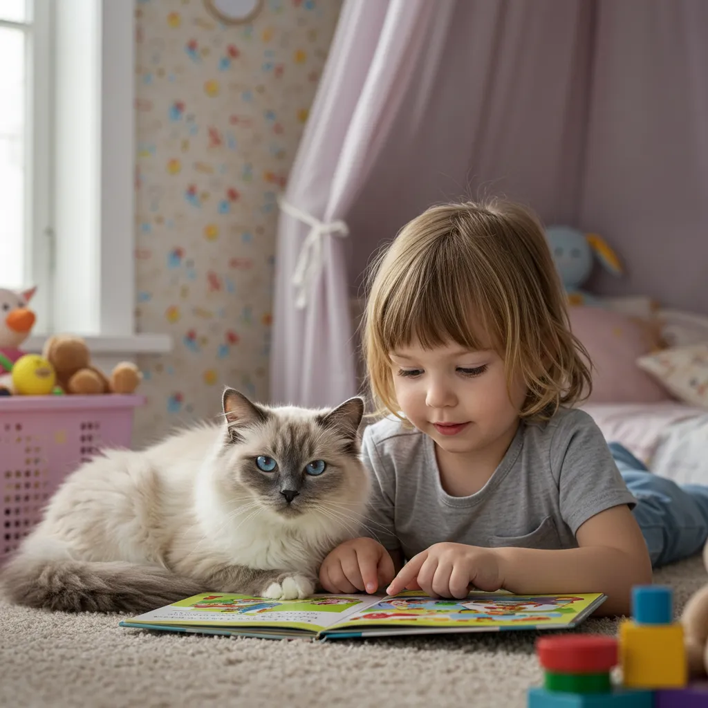 Ragdoll cat cuddling with a child reading, showing emotional support.
