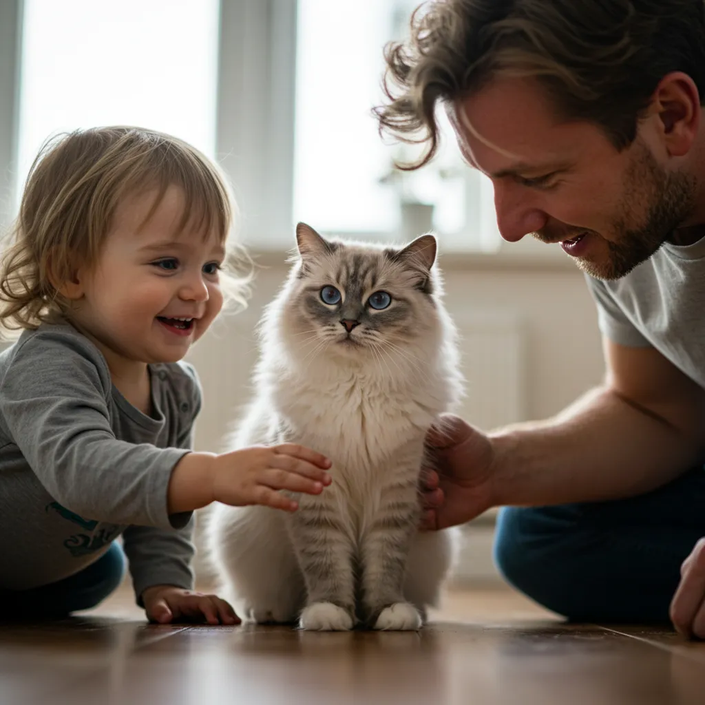 Parent teaching child to pet a Ragdoll cat gently during introduction.