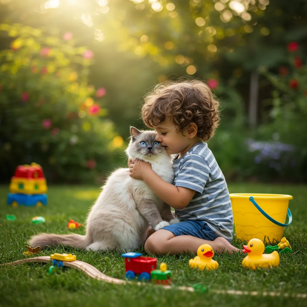 Ragdoll cat hugging a child in a joyful outdoor moment.