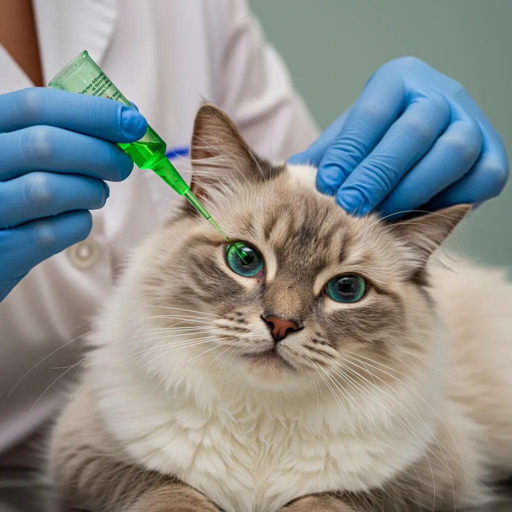 Vet performing Jones test on Ragdoll cat’s eye.