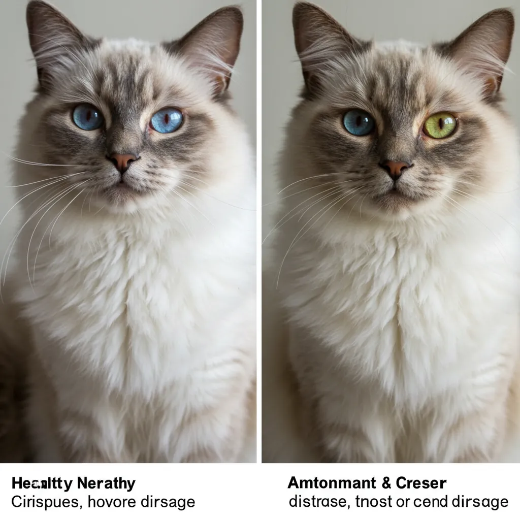 Ragdoll cat normal vs abnormal eye discharge comparison.