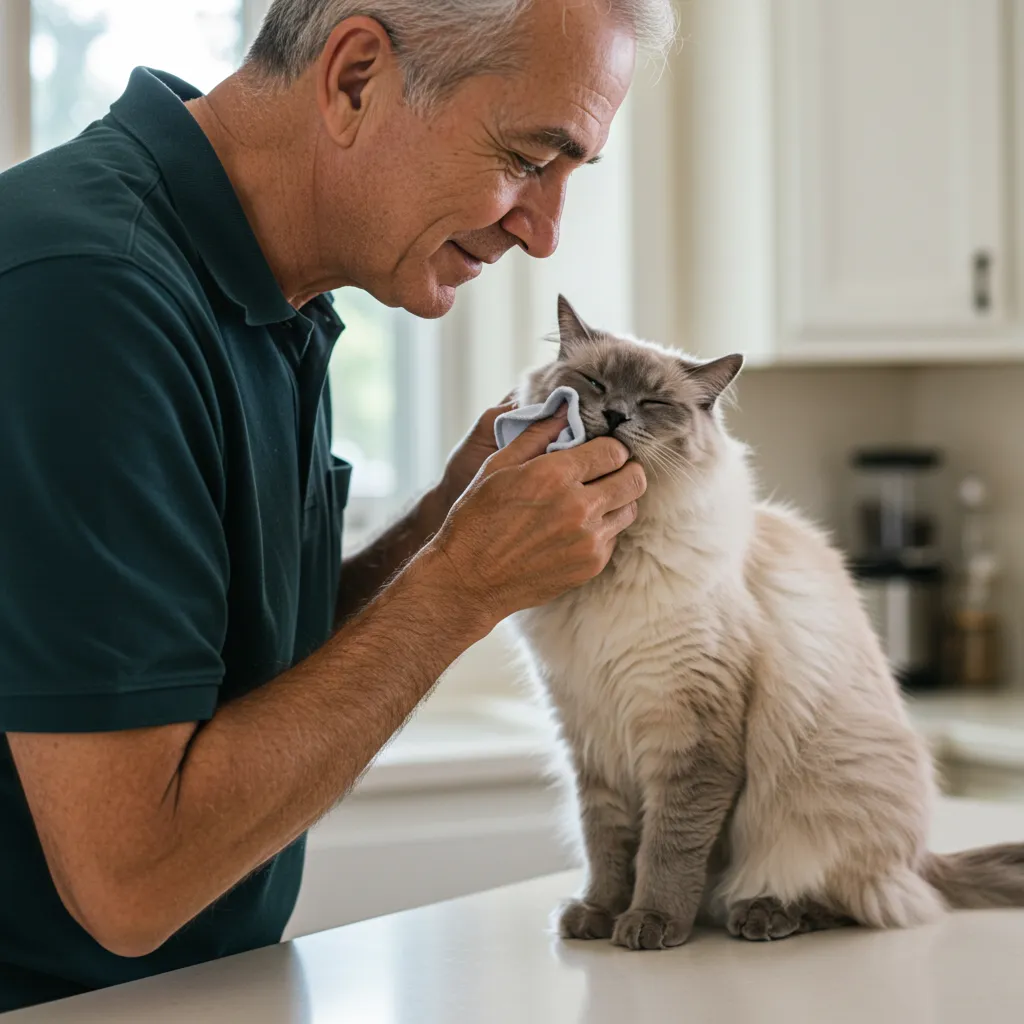 Owner cleaning Ragdoll cat’s eyes with a cloth.