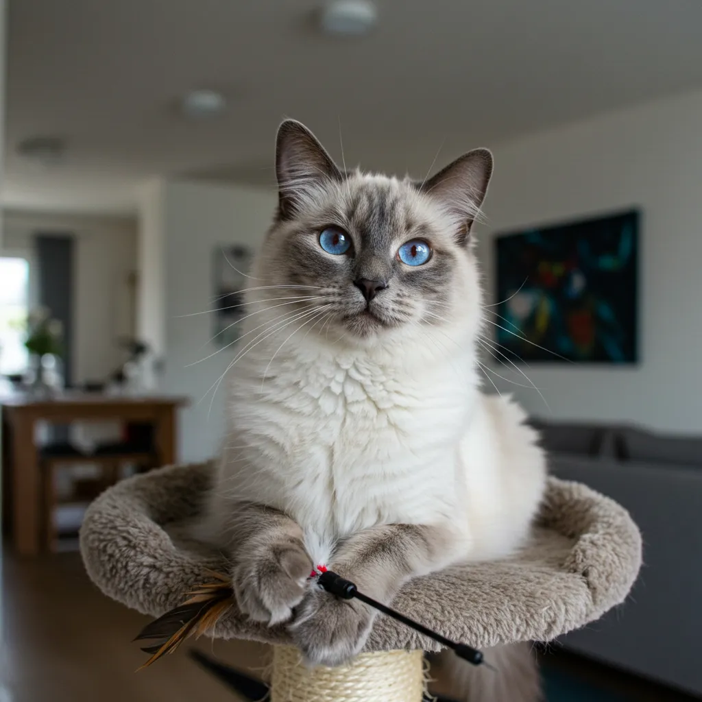 Healthy Ragdoll cat with blue eyes on a cat tree, showcasing ideal weight and fitness.