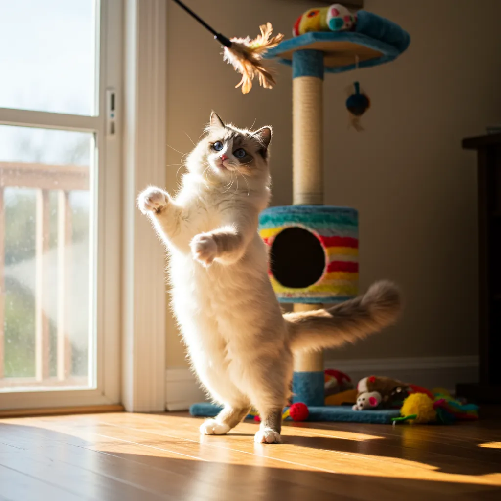 Ragdoll cat leaping for a feather wand, demonstrating an active exercise routine.