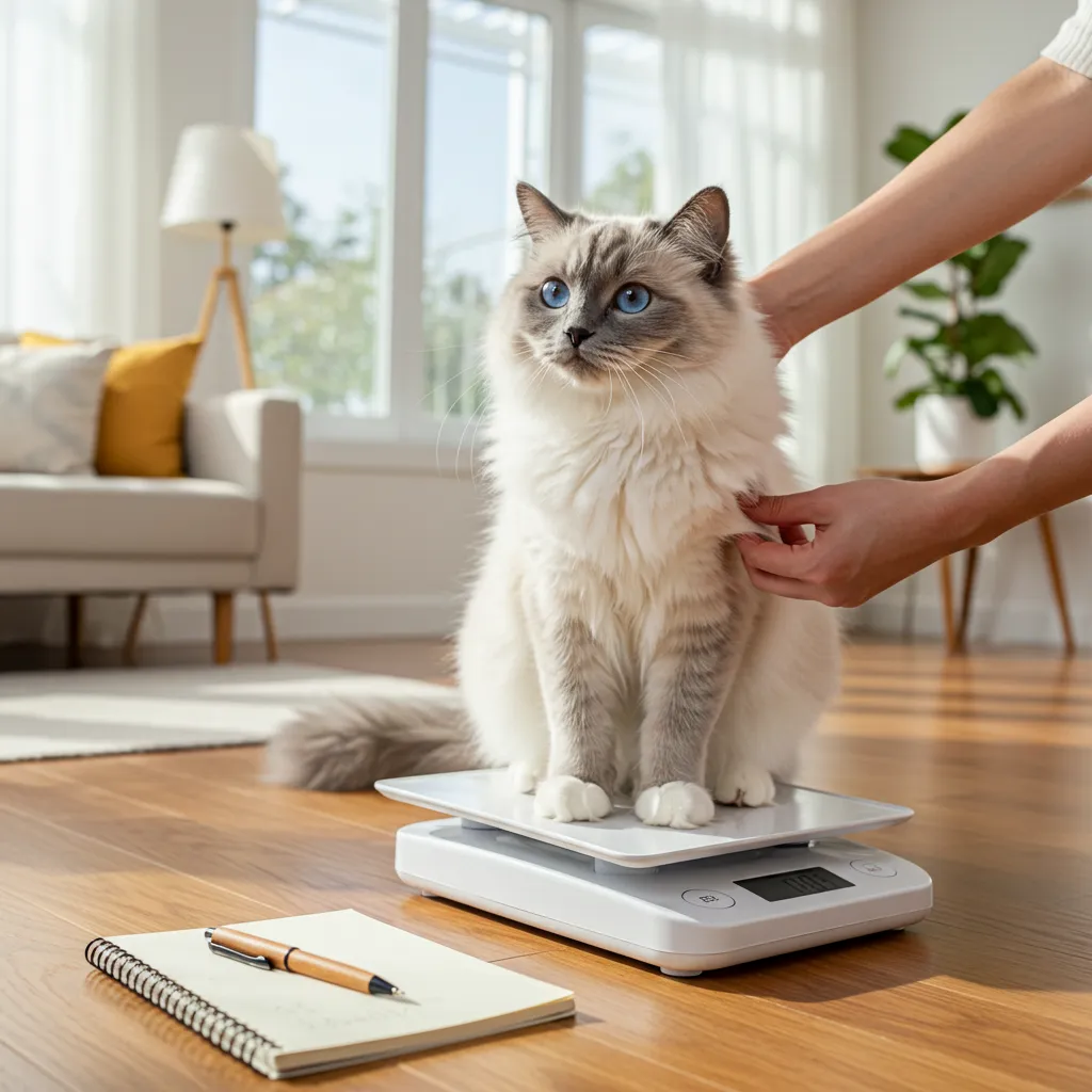  Ragdoll cat on a baby scale for weight monitoring, ensuring healthy fitness tracking.