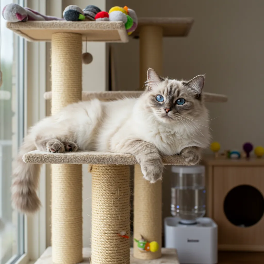 Ragdoll cat on a shelf in a safe indoor environment, promoting active and secure living.
