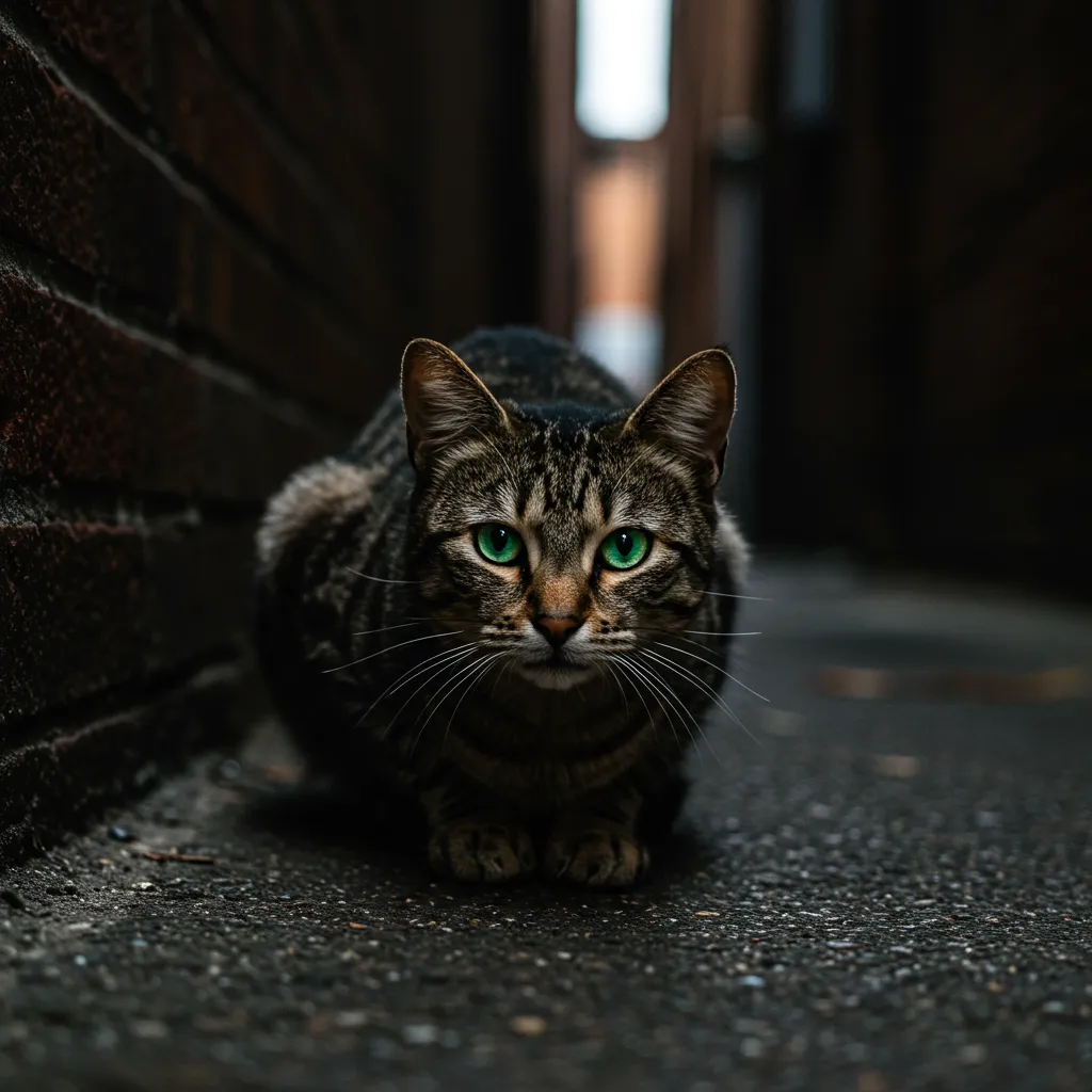 Feral cat with glowing eyes in an alley, showcasing the danger of aggressive felines.