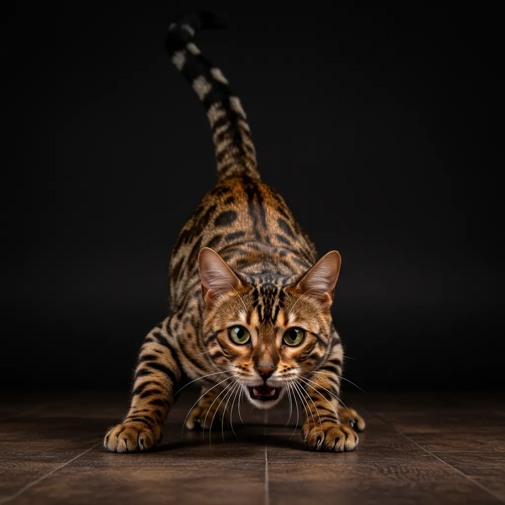 Bengal cat in attack mode, one of the most aggressive cat breeds.