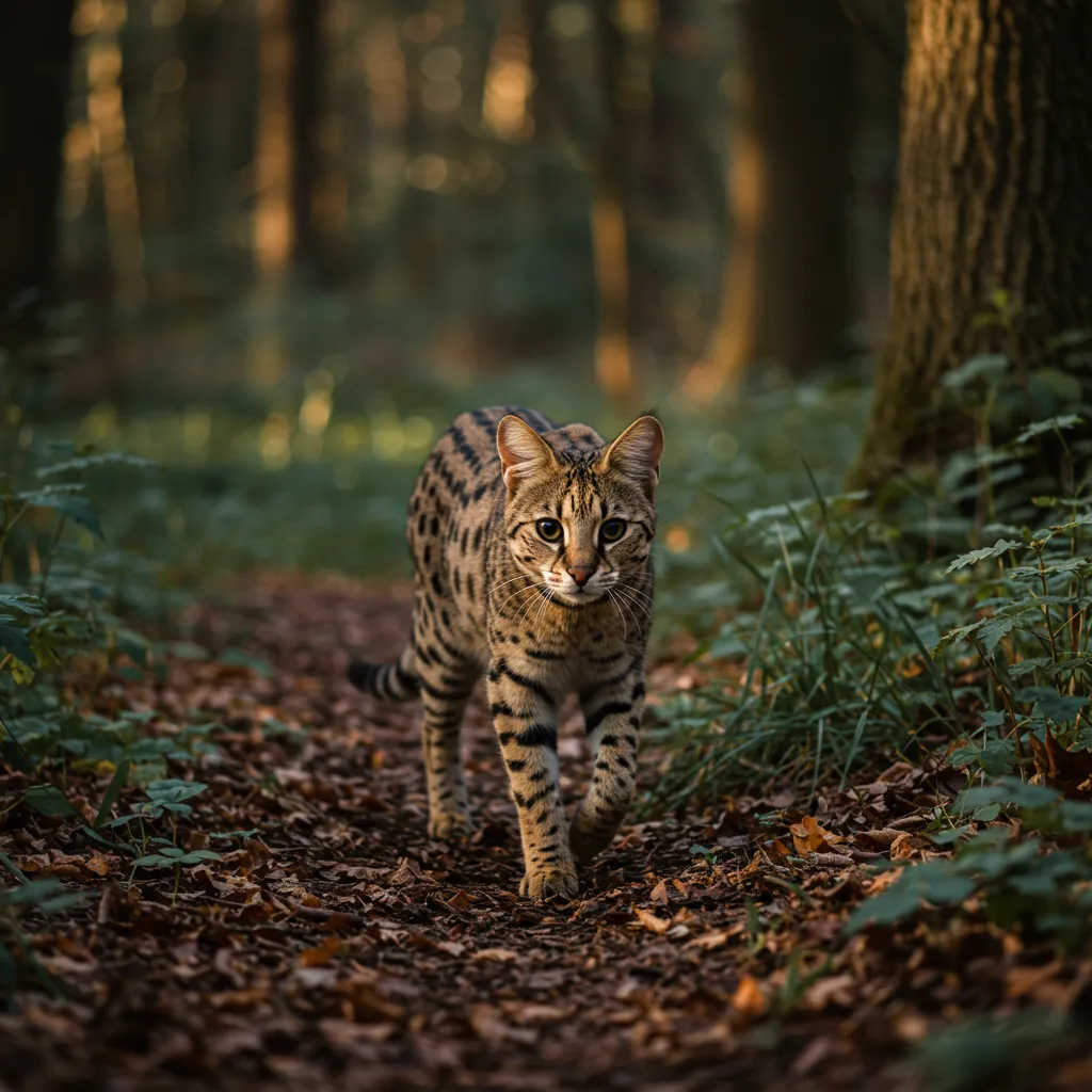 Savannah cat in UK forest, representing hybrid big cats in the UK.