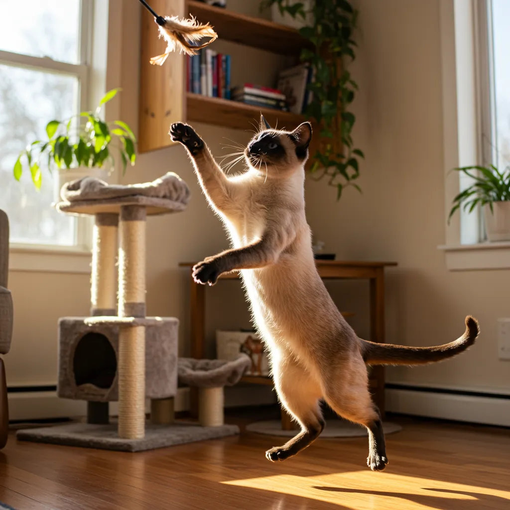 Siamese cat leaping for a feather toy during indoor playtime.