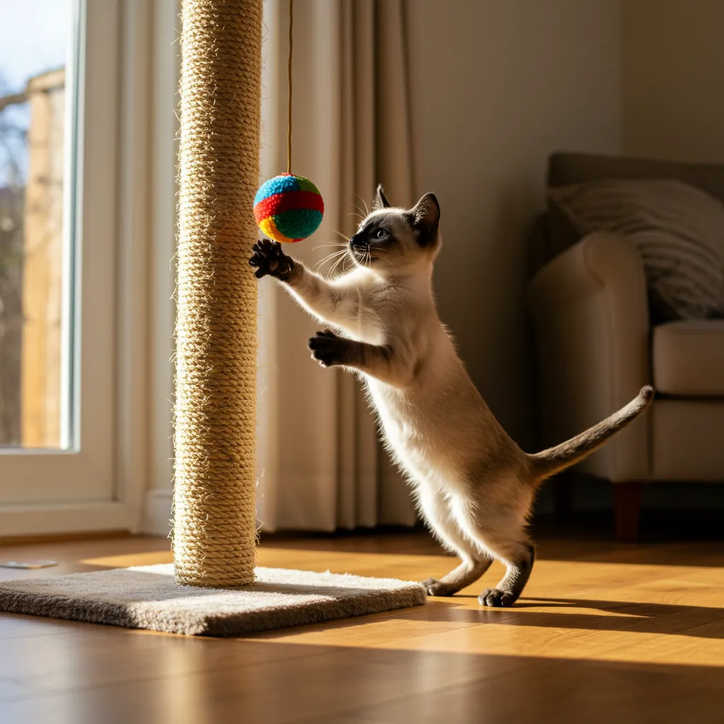 Siamese kitten playing with a ball toy for exercise indoors.