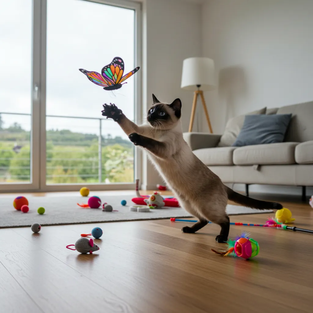  Siamese cat chasing a motorized butterfly toy for indoor exercise.