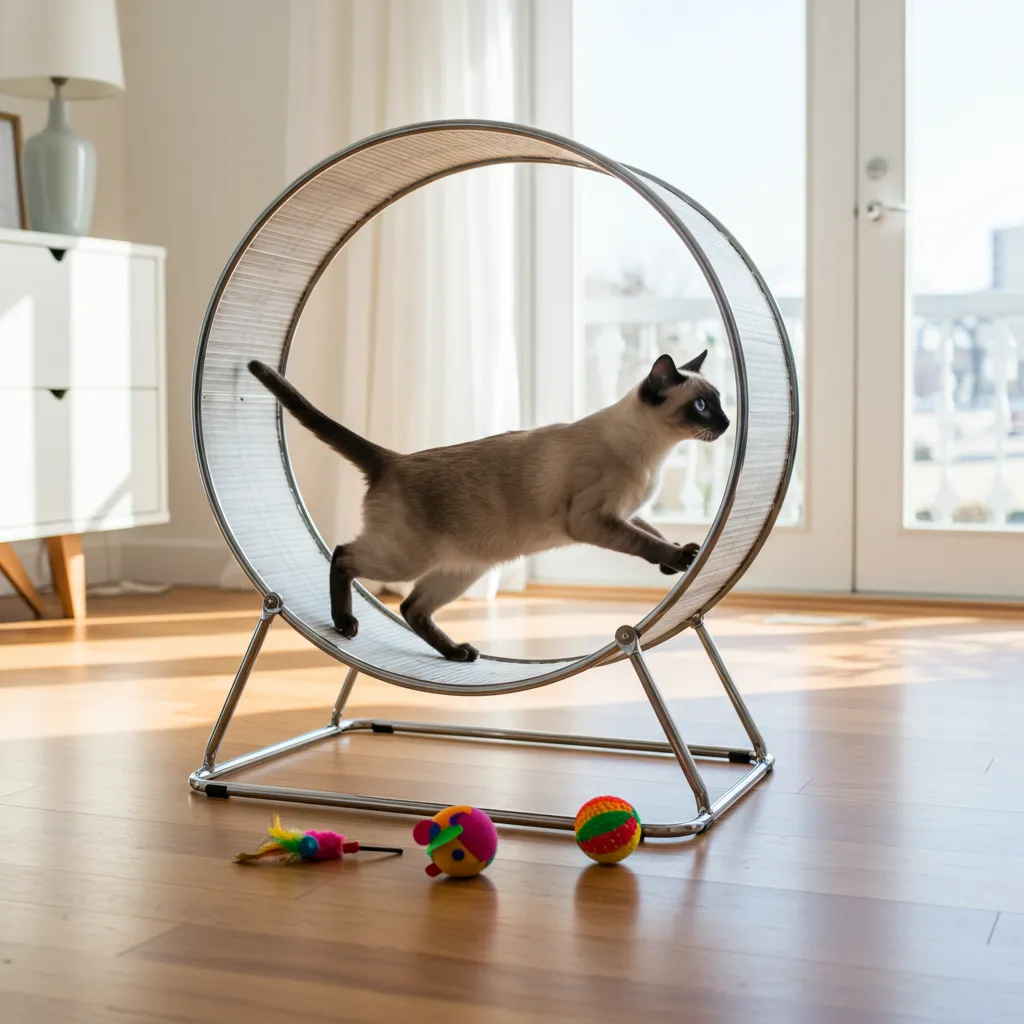 Siamese cat using an exercise wheel for feline fitness