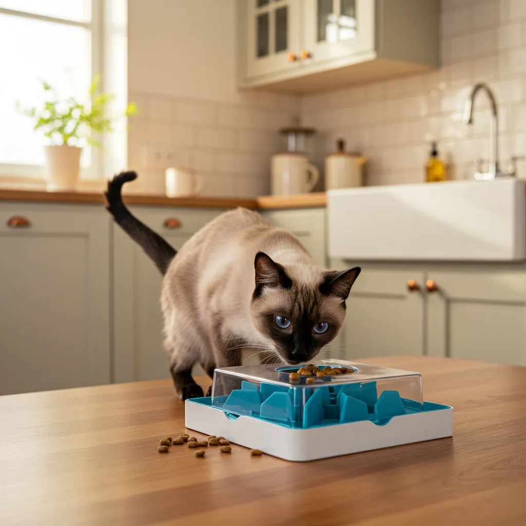  Siamese cat using a puzzle feeder for mental stimulation and exercise.