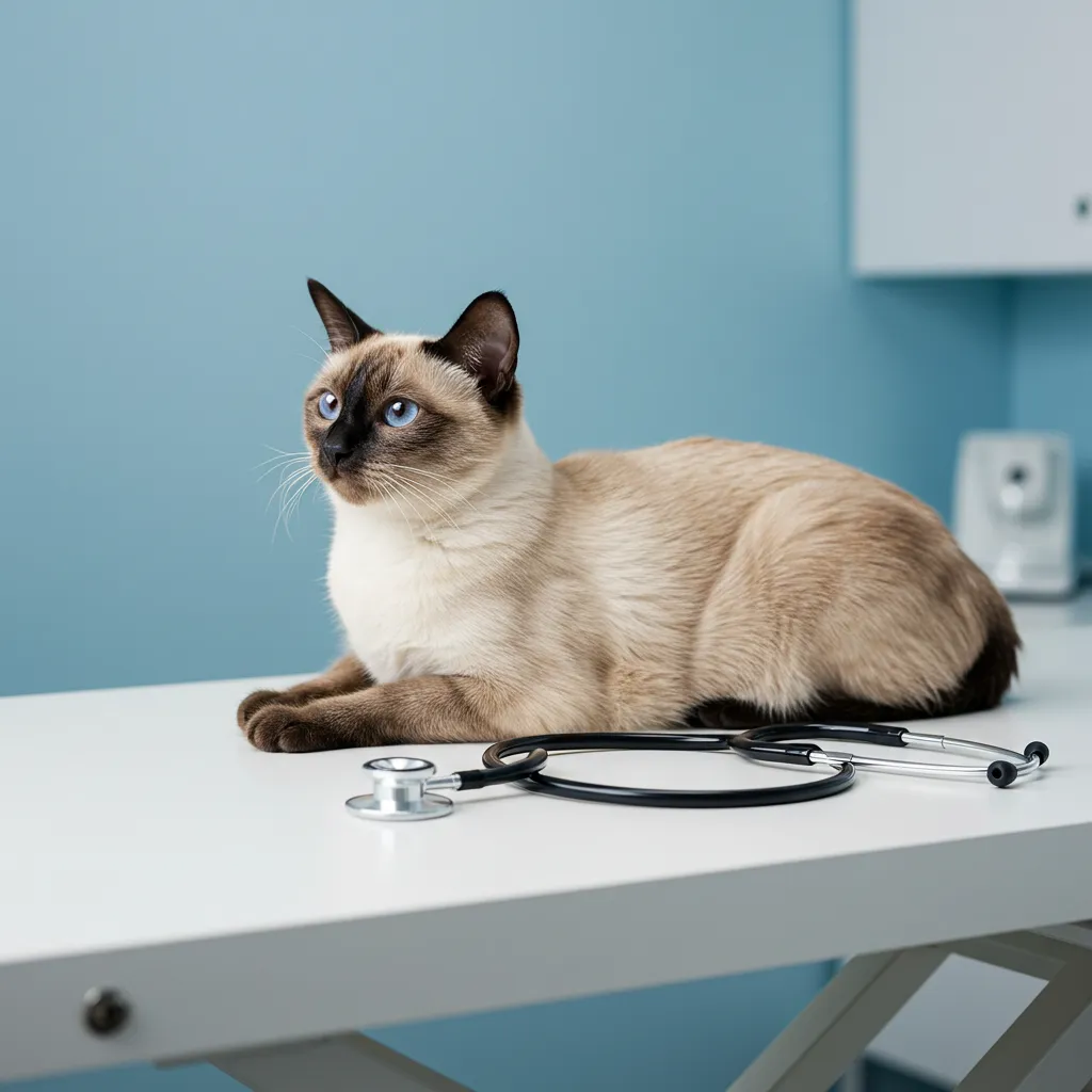 Siamese cat at a vet check-up for exercise routine planning.