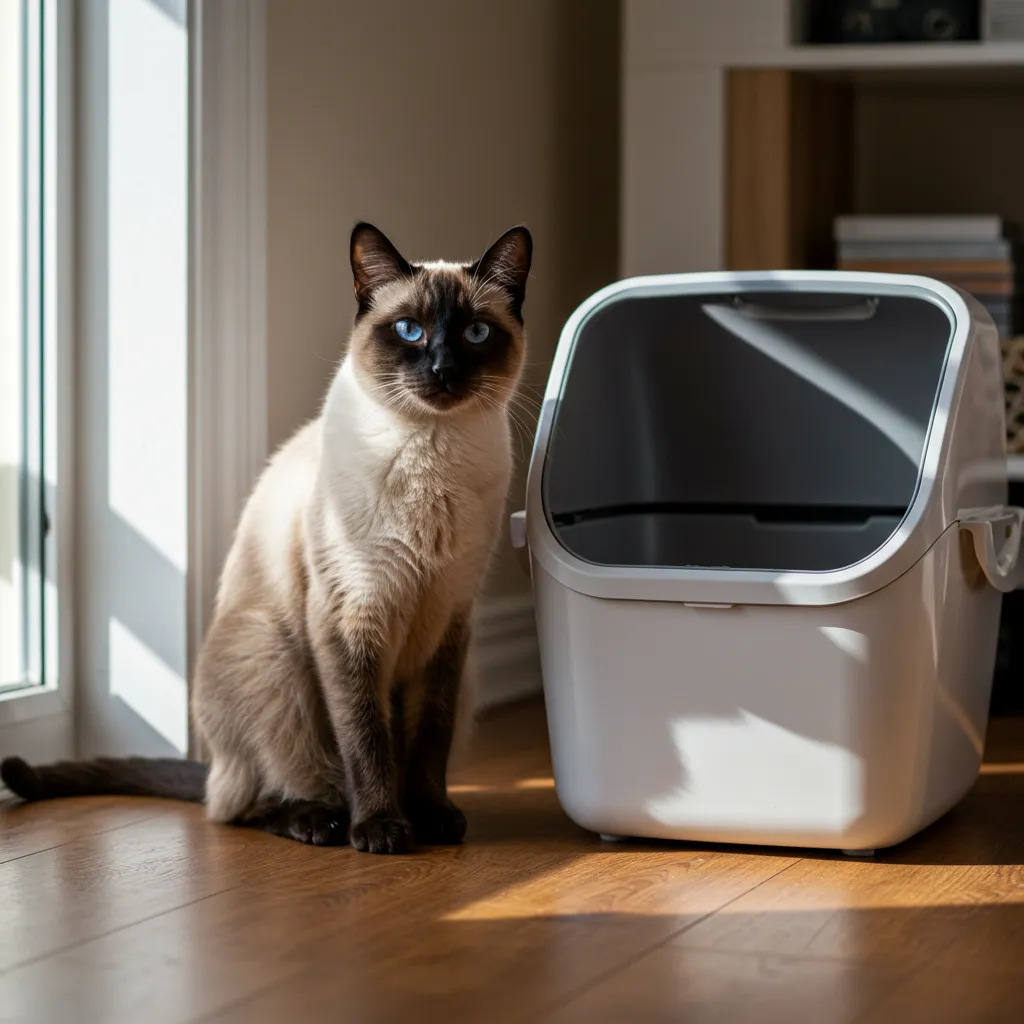 Siamese cat next to a clean litter box in a cozy room for litter training.