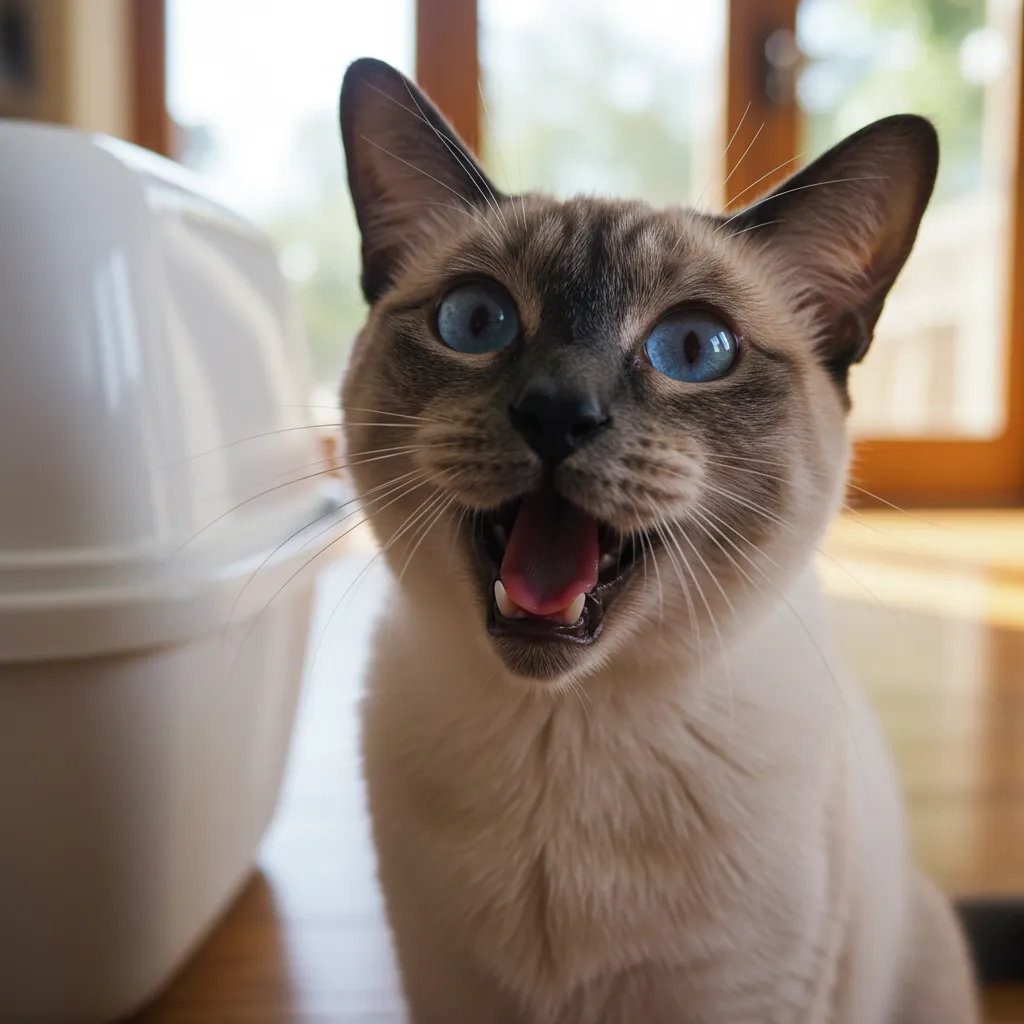 Vocal Siamese cat meowing near a litter box, showing its unique temperament.