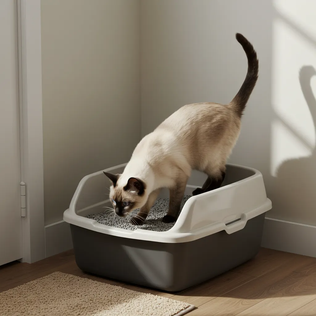 Siamese cat using a litter box in a quiet, ideal bathroom placement.