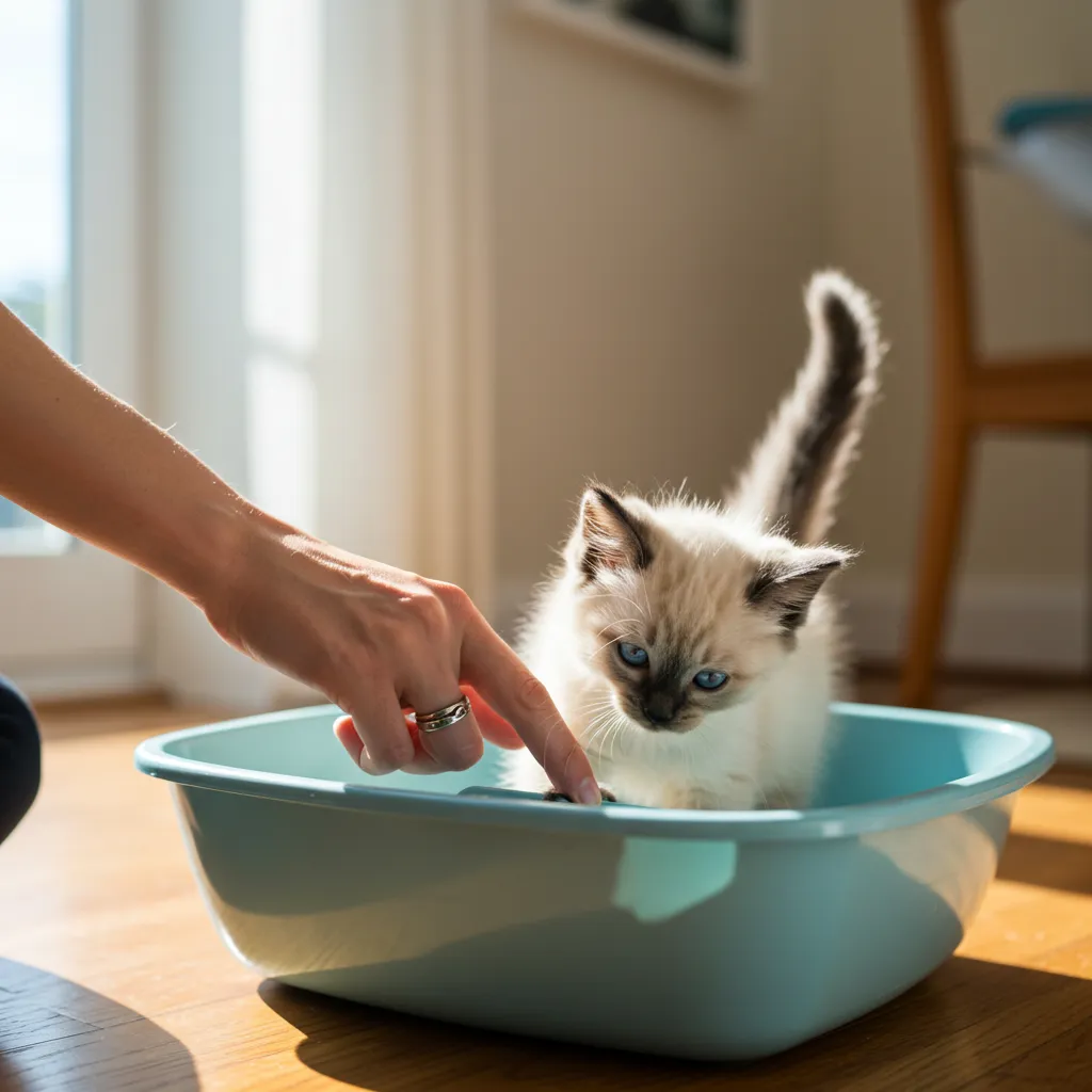 Siamese kitten during litter box training with owner guidance.