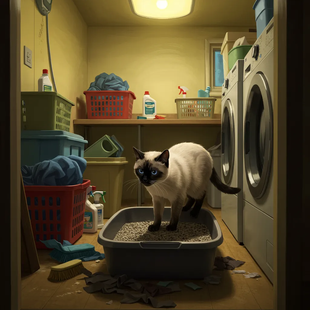 Siamese cat avoiding a dirty, poorly placed litter box.