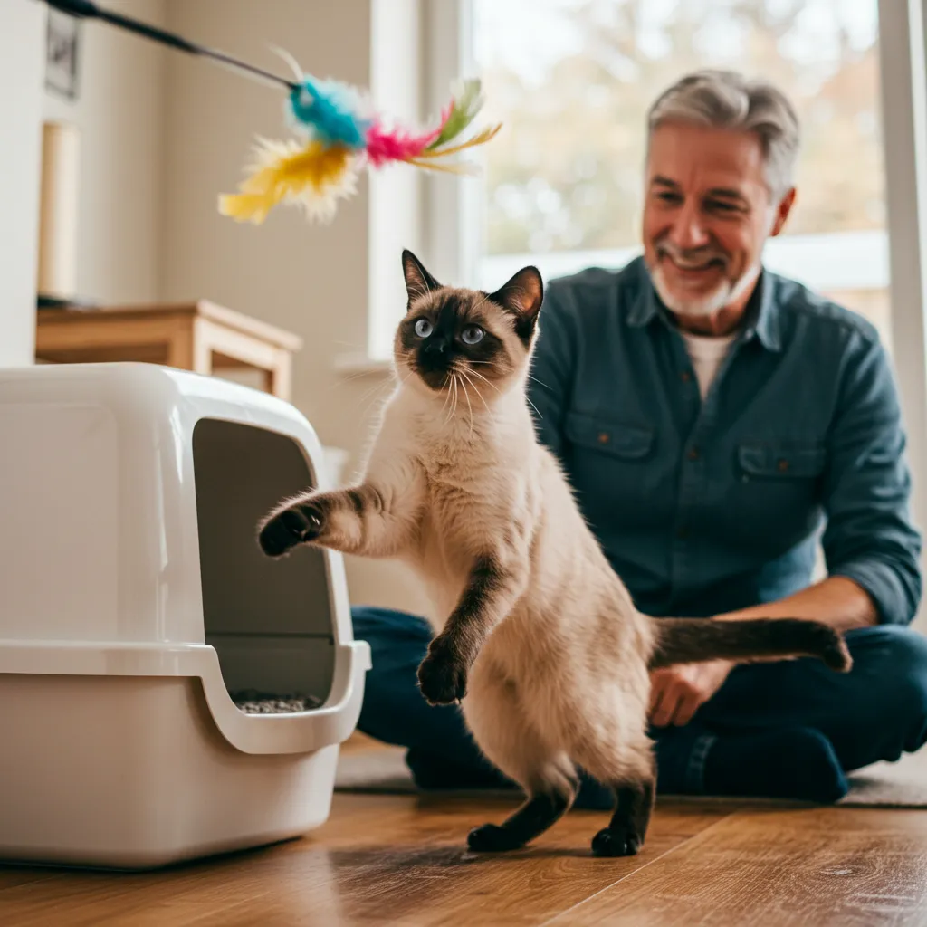 Siamese cat playing with a feather toy during litter training.