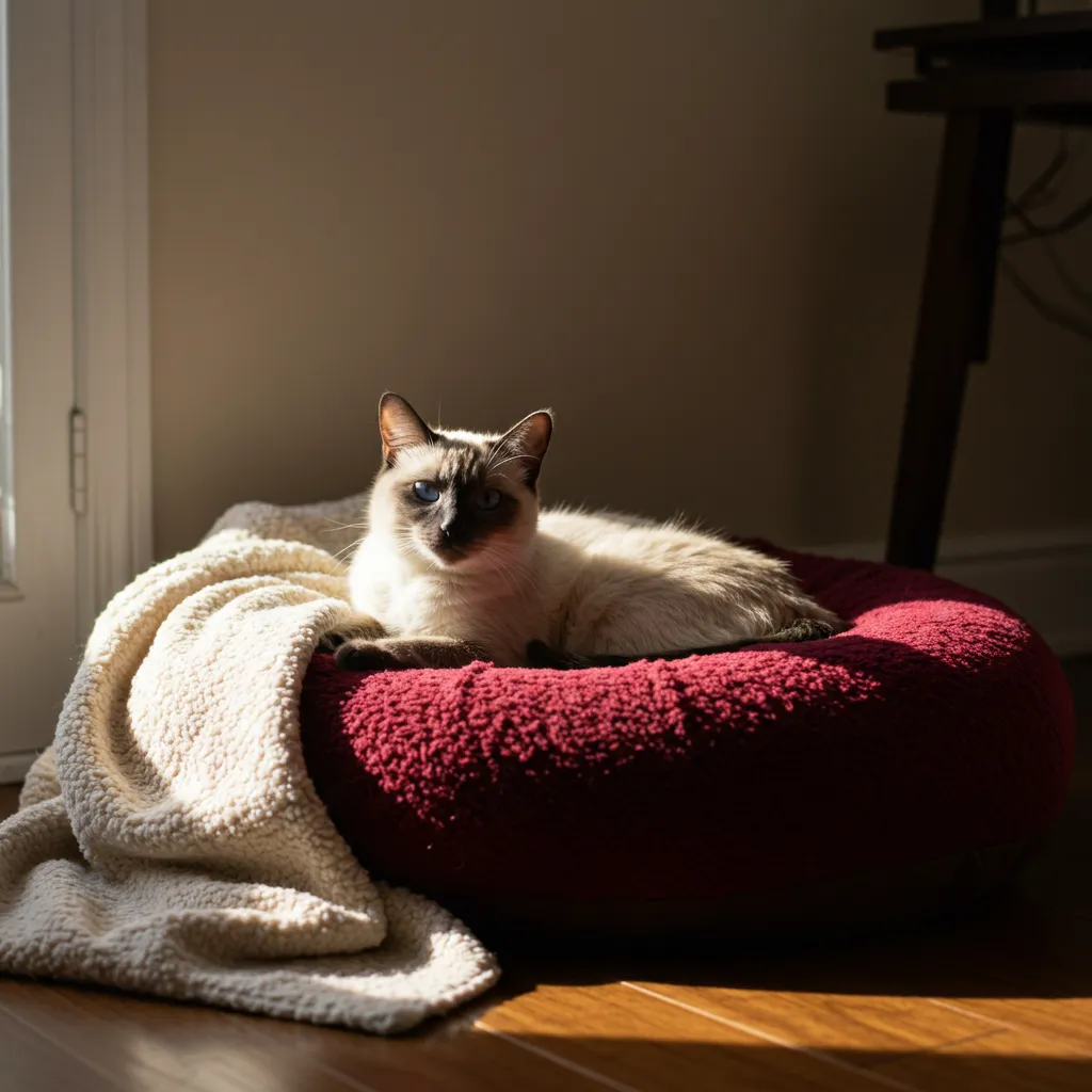 Siamese cat relaxing on a cozy donut-shaped Siamese cat bed in a sunny room.