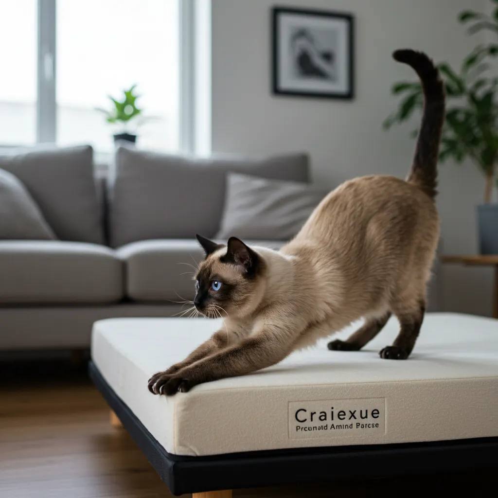 Siamese cat stretching comfortably on a memory foam cat bed in a stylish room.