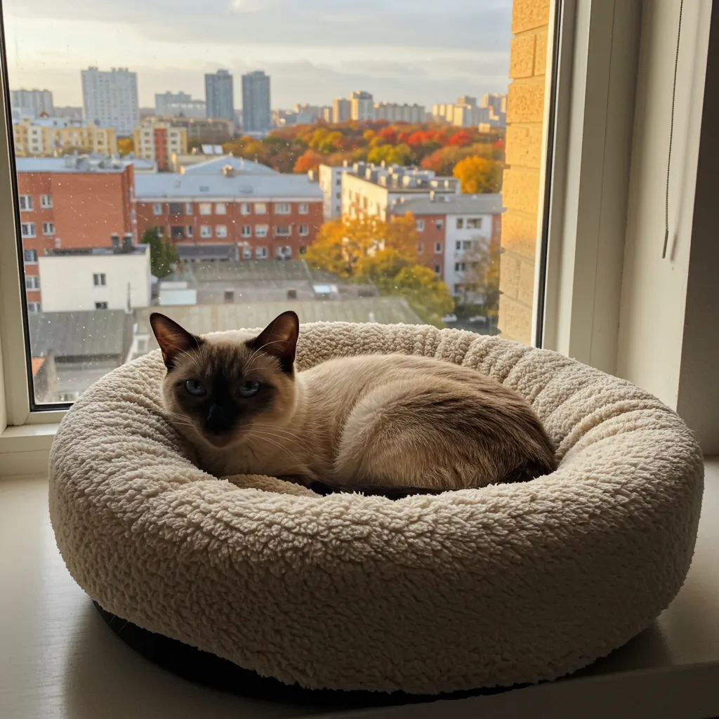 Siamese cat napping in a self-warming cat bed on a sunny windowsill.