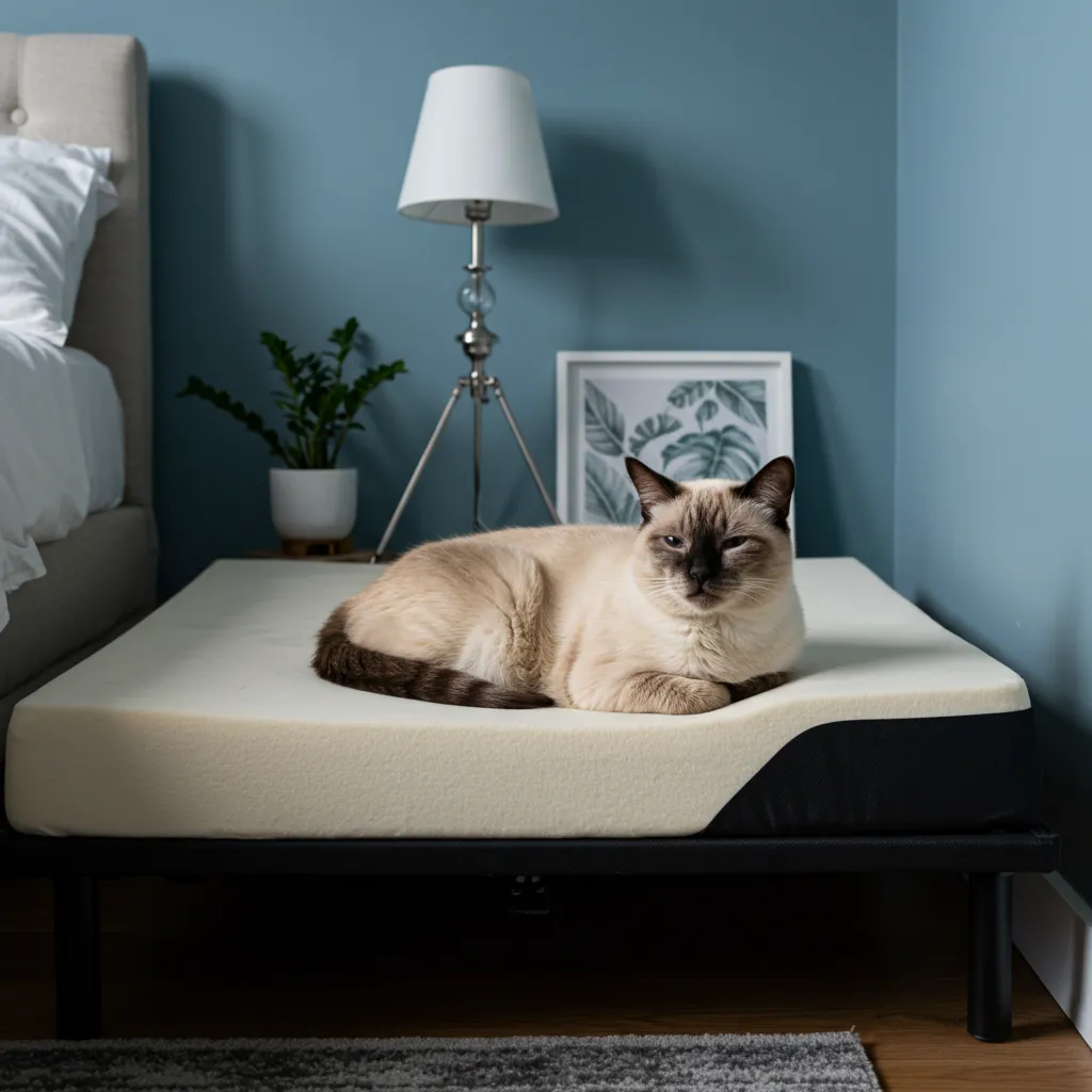 Senior Siamese cat on an orthopedic cat bed for joint comfort.