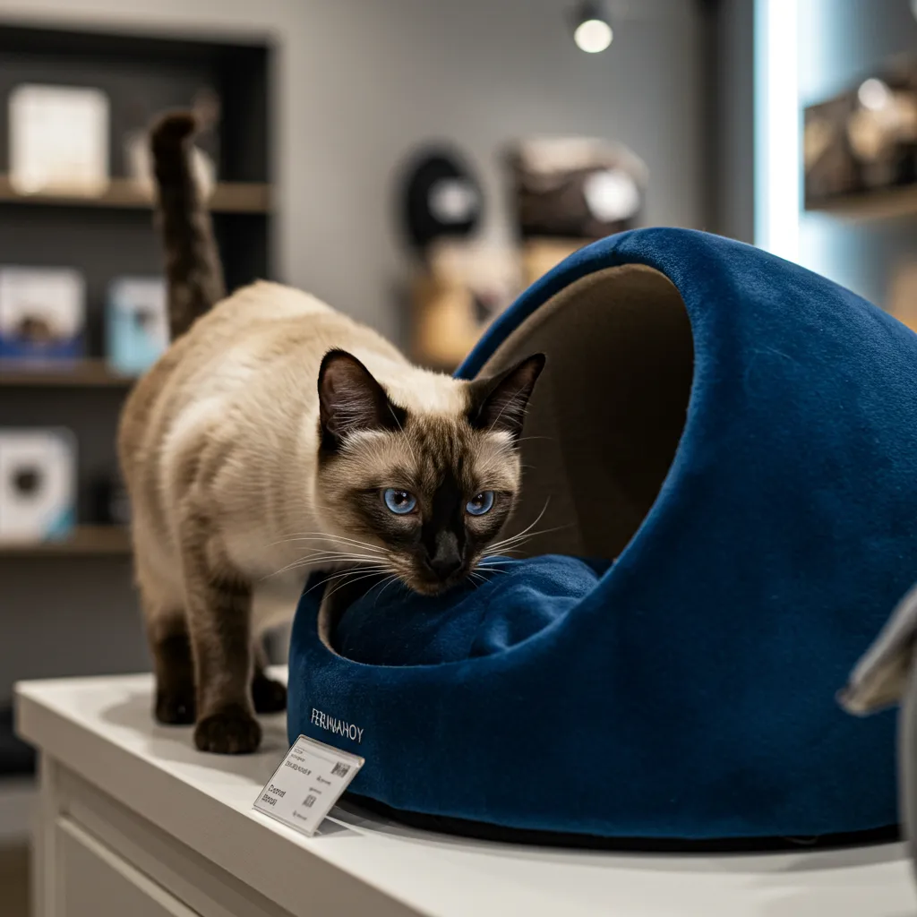 Siamese cat exploring a luxury cat bed with velvet texture.