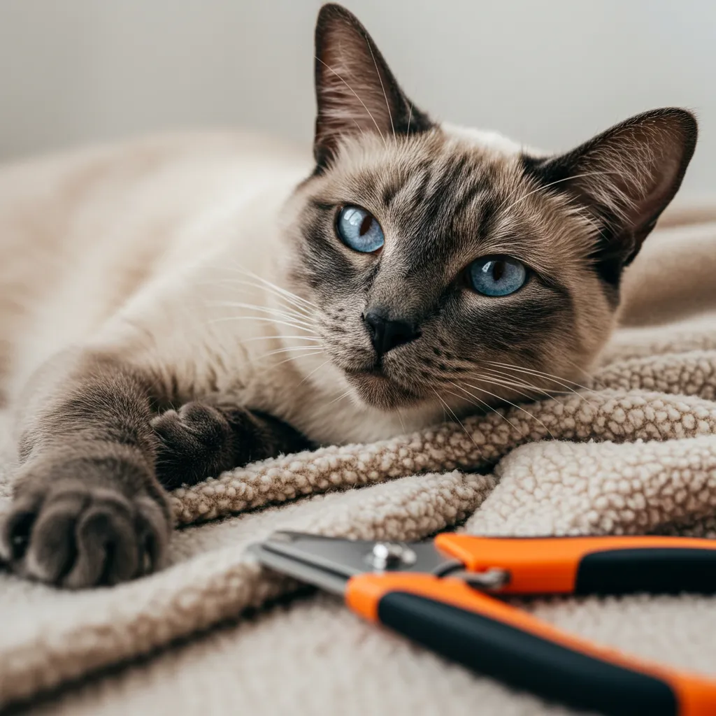 Relaxed Siamese cat with trimmed nails on a blanket next to cat nail clippers.