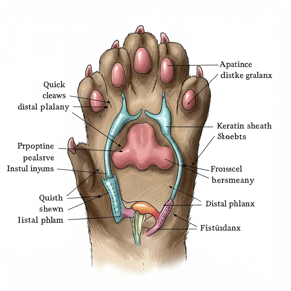 Diagram of cat claw anatomy highlighting quick, sheath, and distal phalanx for Siamese nail trimming.