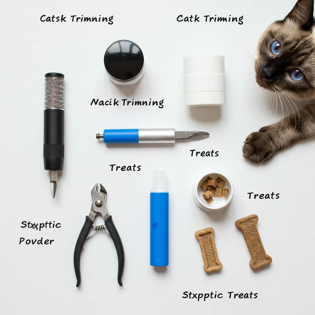 Cat nail trimming tools including clippers, grinder, and styptic powder with a Siamese paw.