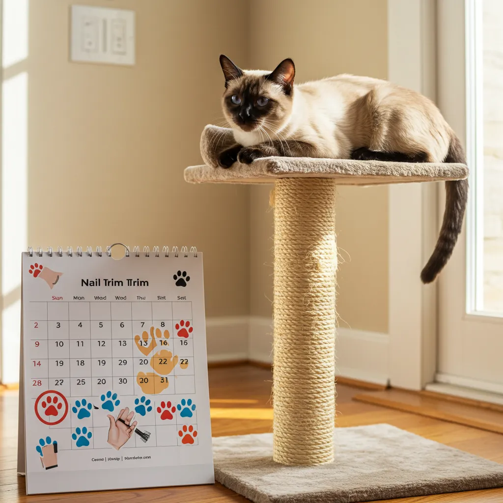 Calendar with paw-print stickers for Siamese cat nail trimming schedule beside a scratching post