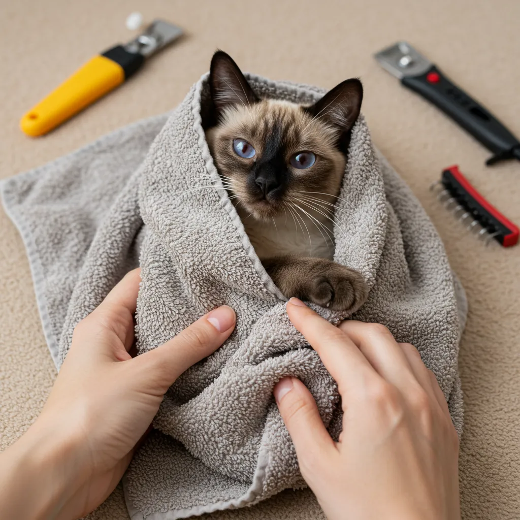 Siamese cat in a towel for stress-free nail trimming with clippers in hand.