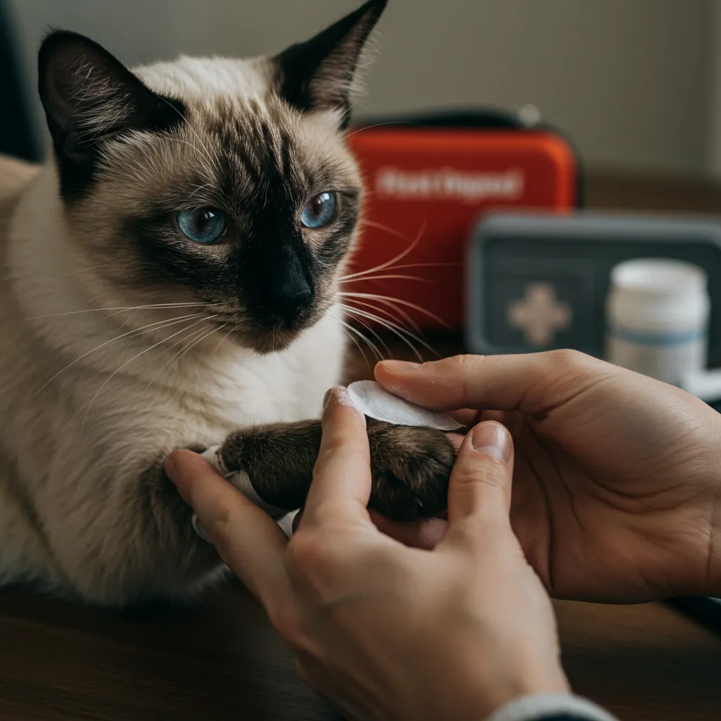 Applying styptic powder to a Siamese cat’s paw for nail trimming mishap.
