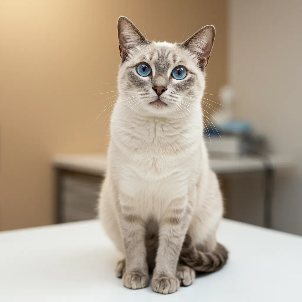  Healthy Siamese cat at vet check-up with blue eyes.