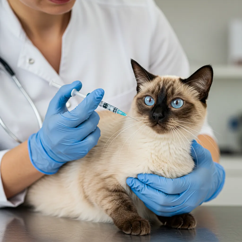 Siamese cat getting vaccinated at vet clinic.