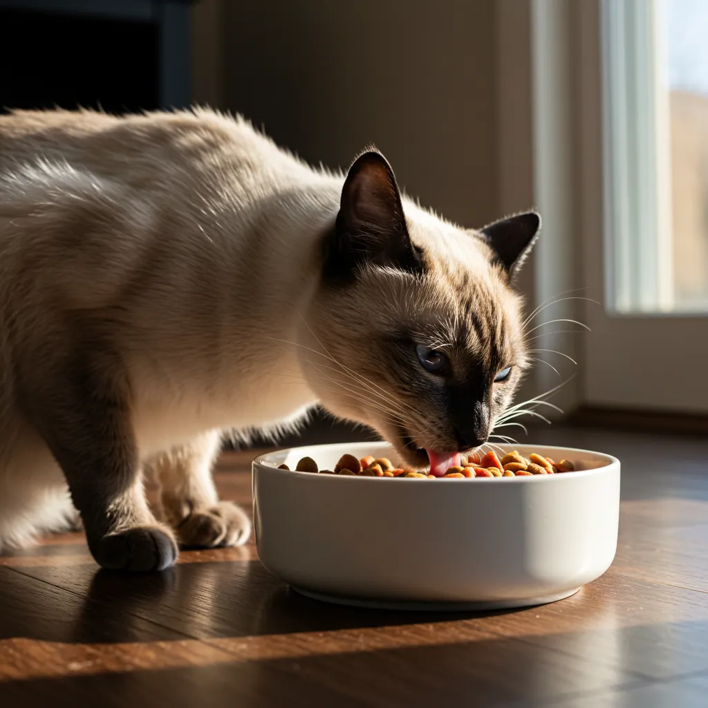 Siamese cat enjoying a healthy meal.