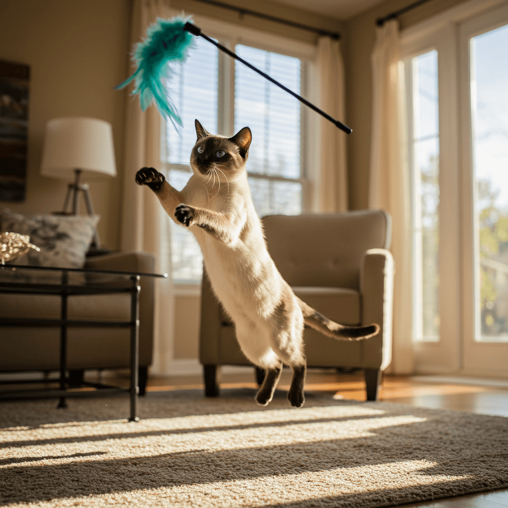 Siamese cat playing with feather wand toy for mental stimulation.