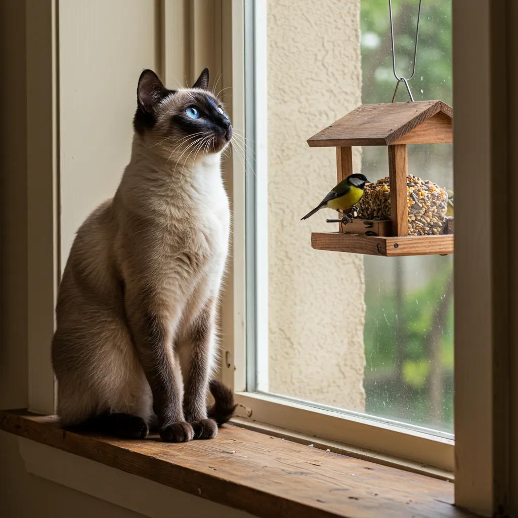  Siamese cat enjoying indoor activity by watching birds at a feeder.