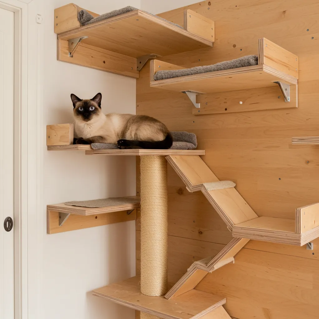 DIY cat play area for Siamese cats with shelves and a scratching post.