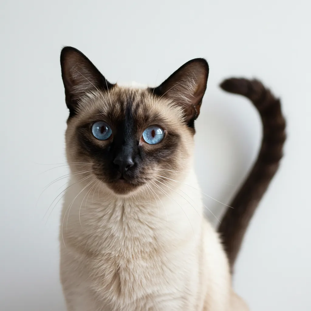 Siamese cat with seal point coat and blue eyes.