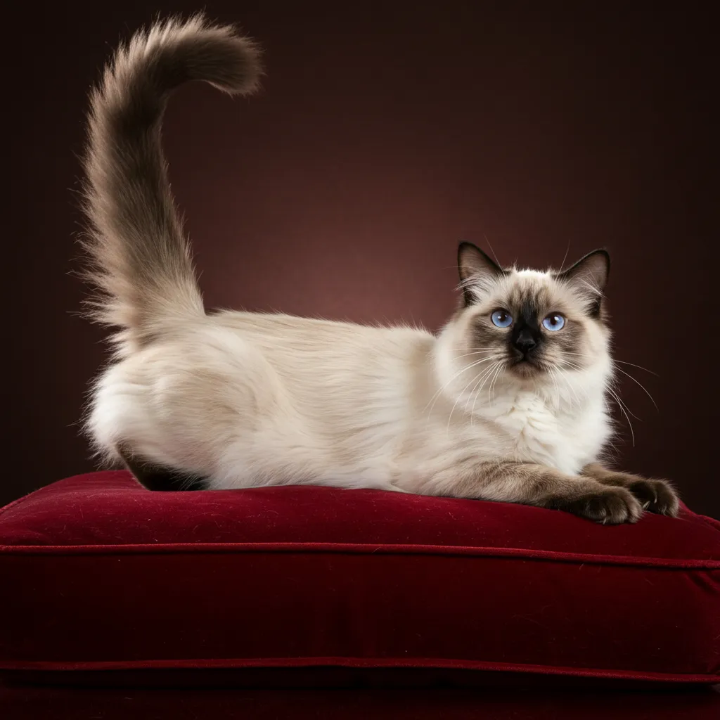  Balinese cat with long fur and chocolate points
