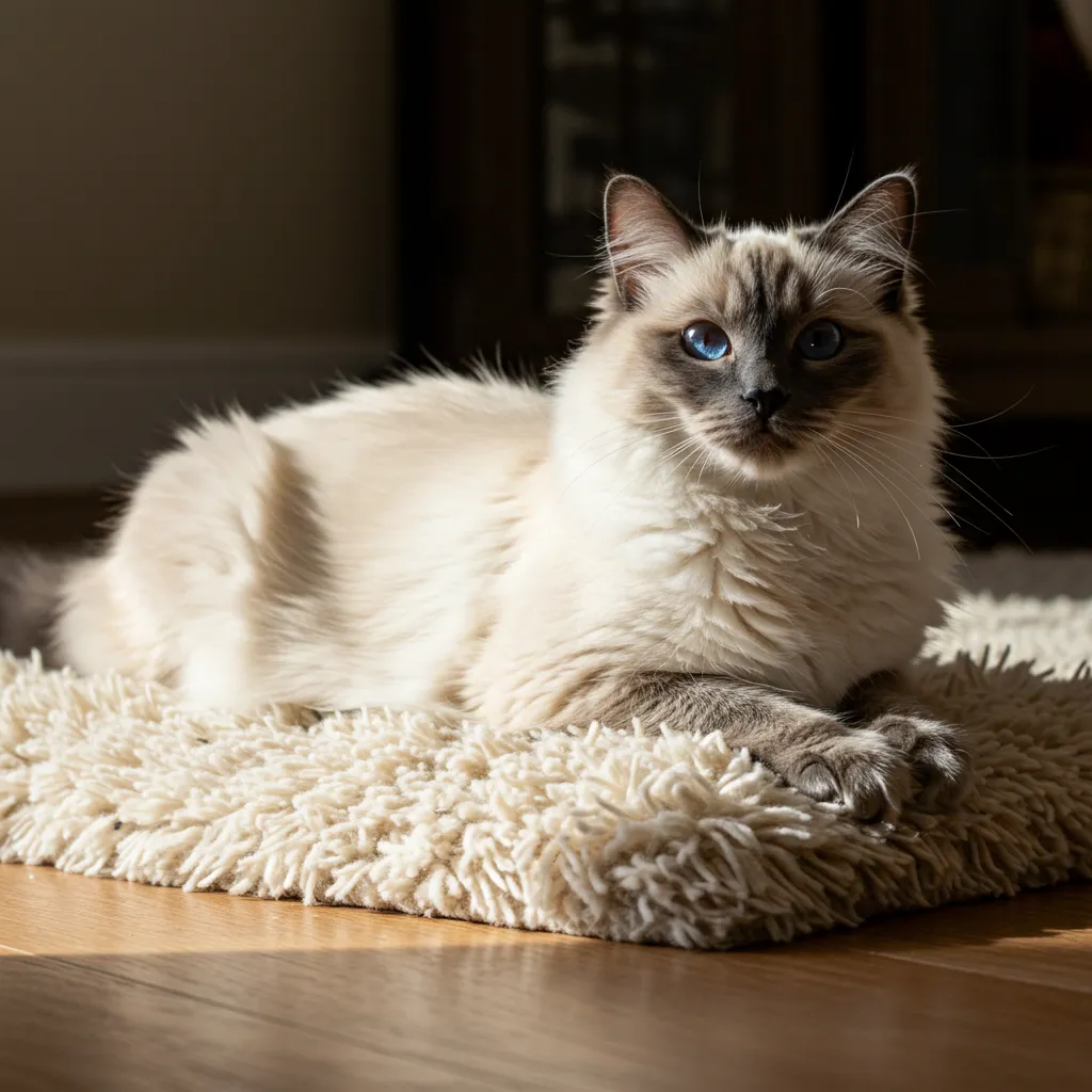 Ragdoll cat with seal point coat and blue eyes.