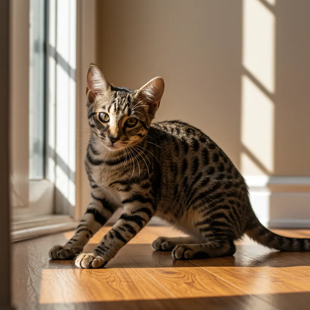 An Ocicat with a spotted coat, crouching playfully in a sunlit room.