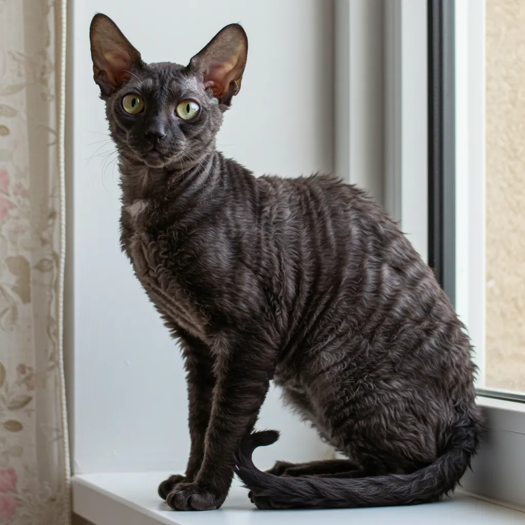 Cornish Rex with wavy black coat.